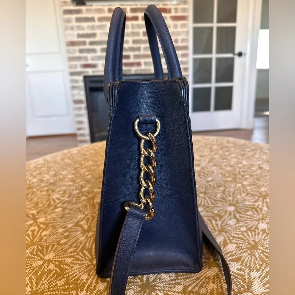Michael Kors Hamilton East West Navy Saffiano Leather Satchel with Gold Hardware
